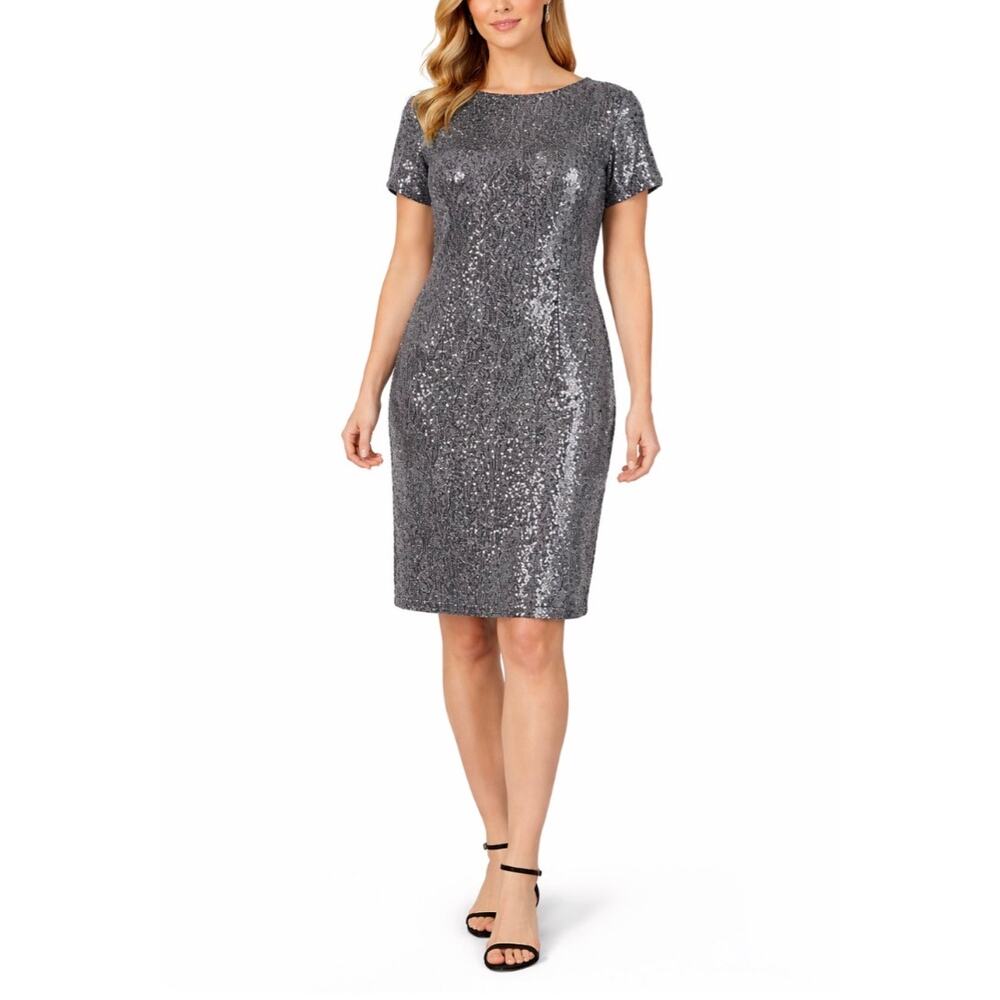 Ralph Lauren Sequined Short Sleeve Boat Neck Sheath Cocktail Dress Gray Size 4